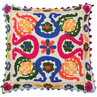 GURU SHOP Boho Kissenhülle, Besticktes Folklore Kissen, weiß/pink/blau | 100 % Baumwolle, handgearbeitet, farbenfrohe Ornamente, ideal für Ethno-Wohnstyle, Akzentsetzung im Raum