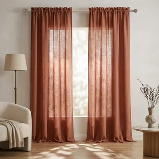 Terrakotta-Vorhänge 229 cm L, Schlafzimmer, 2 Paneele, Stangentasche, lichtdurchlässig, halbtransparent, halbprivat, Leinen aus Flachs, Rostvorhänge, Wohn-, Esszimmer, Erkerfenster, Boho Landhaus-Deko