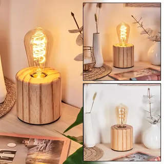 HOFSTEIN Tischleuchte Argea, Tischlampe aus Holz in Naturfarben/Schwarz, Leuchte im skandinavischen/Boho Design mit Schalter am Kabel, E27, Wohnzimmer, Schlafzimmer, Flur, Büro, Esszimmer