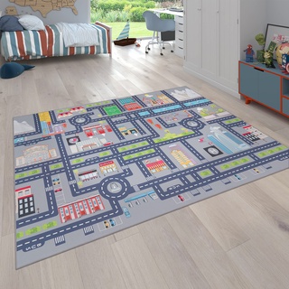 Paco Home Spielteppich Kinderteppich Kinderzimmer Straßenteppich Auto Straßen Motiv rutschfest Grau, Grösse:80x150 cm