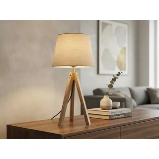 meineWunschleuchte Große Tischlampe Dreibein aus Holz Schirm Leinen Beige | Höhe 55cm, E27, mit Schnurschalter, gemütliche Nachttischlampe, skandinavisches Design, Lampenschirm aus Stoff