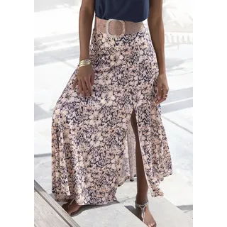Maxirock BUFFALO "mit Schlitz vorne seitlich und Alloverdruck", Damen, Gr. 38, rosé, marine bedruckt, Jersey, Obermaterial: 100% Viskose, bedruckt, figurumspielend lang, Röcke Maxirock, langer Sommerrock, luftiger Jerseyrock, bequemer Rock mit Gummibund, Topseller