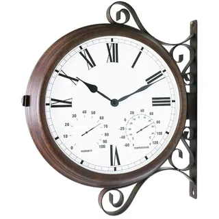 Bestime MT-32 Drei-in-1-Wanduhr, doppelseitig, aus Metall, leise, leicht ablesbar, antike Hänge-Uhren, Garten, Innen- und Außenbereich, Heimdekoration, Bauernhaus, Hof, Bahnhof, Büro