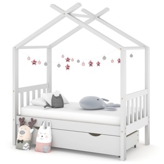 LAPOOH Babybett mit Schublade, Babybett, Hausbett, Baby Bett, Betten, Weiß Massivholz Kiefer 70x140 cm