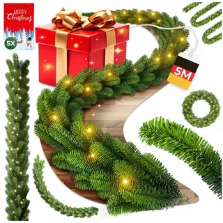 Kunstgirlande Weihnachtsgirlande LED Girlande 5m inkl. 5x Grüßkarten, KESSER, Weihnachtsdeko, Tannengirlande mit LED-Beleuchtung, In & Outdoor grün 500 cm