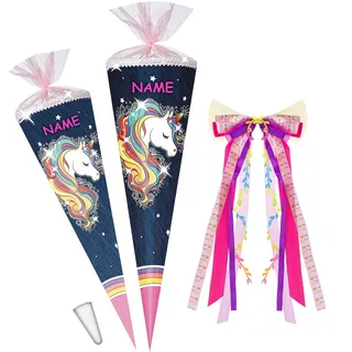 alles-meine.de GmbH Schultüte mit Glitzer - Effekt ! Einhorn - Regenbogen Mähne 70-100 cm Größe wählbar inkl. Name - + Kunstoff Spitze + Schleife - Tüllabschluß/Fil..