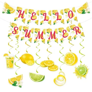 Sommer Party Banner Deko 18 Stück,Hallo Sommer Banner Bunting mit Zitrone Hängende Wirbel, Hawaiian Party Bunting Für Sommer Beach Hawaii Zitrone Thema Obst Geburtstag Garten Party Deko