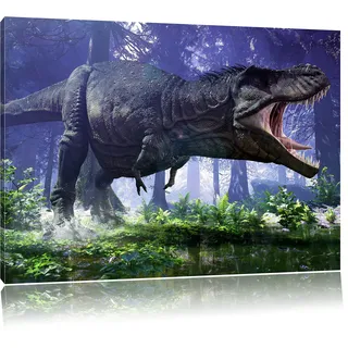Pixxprint T-Rex Dinosaurier im Wald, Größe: 100x70cm, Leinwandbild, fertig gespannt, Wandbild, Dekoration, Kunstdruck, kein Poster