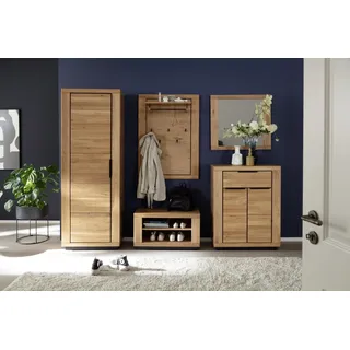 Garderoben-Set >Greno< teilmassives Garderoben-Set aus FSC-zertifizierter Wildeiche – 5-teilig mit Schrank, Schubank, Spiegel, Paneel & Schuhkommode – natürlich & modern – B/H/T: 230/200,5/40 cm
