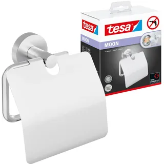 Tesa Moon Toilettenpapierhalter mit Deckel, verchromt - WC-Rollenhalter zur Wandbefestigung ohne Bohren, inkl. Klebelösung - 53 mm x 140 mm x 128 mm