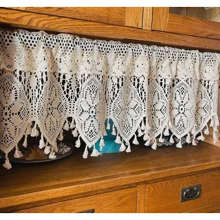 Landhausgardinen Scheibengardinen Küche, Baumwolle mit Häkelborte und Blumenmuster, Boho Makramee Vorhang - Scheibengardine Landhaus Stil für Wohnzimmer und Schlafzimmer ( Size : W 120 x H 38 cm )