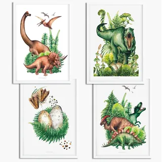 Sunnywall® 4er Set Dinosaurier T-Rex Brachiosaurus Triceratops Poster Kinderzimmer - A4 Bilder Babyzimmer Kinderposter | OHNE Bilderrahmen | - Deko Mädchen Junge