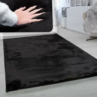 Paco Home - Hochflor Teppich Wohnzimmer Super Softes Kaninchenfell Imitat Kunstfell, schwarz, 60x90 Cm