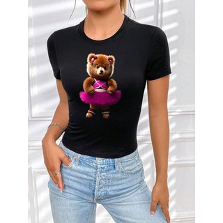 RMK Print-Shirt Damen Shirt Top kurzarm Freizeit Rundhals "Cat Katze" in Unifarbe, aus Baumwolle schwarz 56
