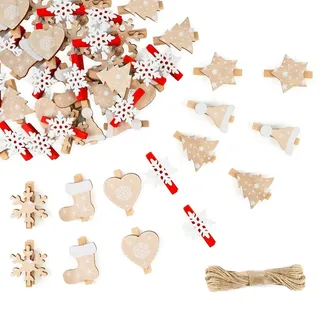 lafo 71 Stück Weihnachten Holzklammern, Mini Dekoklammern für Fotos und Adventskalender, Kleine Holz Wäscheklammern für Weihnachtsdekoration