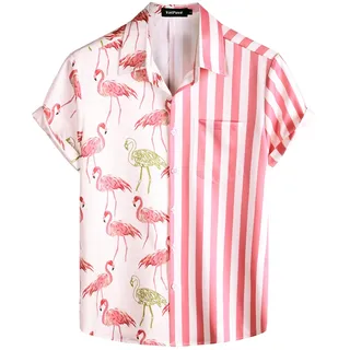 VATPAVE Herren Flamingo Hawaii Hemd Männer Freizeit Kurzarmhemd Sommer Strandhemd Blumen Hemden Klein Gelbpinker Flamingo
