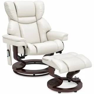 HOMCOM Relaxsessel mit Hocker, Massagefunktion, Liegefunktion, Cremeweiß | Mit Massage, Liegefunktion, Drehbar, Massagesessel mit Seitentasche, Liegesessel, Kunstleder für Wohnzimmer