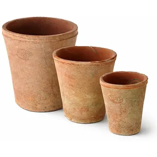 ReWu Terracotta Blumentopf 3er Set, gealterte Pflanztöpfe rund in Antik-Optik, dekorative Tontöpfe für Kräuter, Blumen und Pflanzen, für Garten, Balkon und Terrasse, 15,5/13 / 10 cm