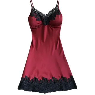 Negligee Sexy Nachtwäsche Satin Nachthemd Damen Kurzes Nachtkleid V-Ausschnitt Babydoll Spitze Dessous Sexy Lingerie Spaghetti Träger Kleid Kurz Basic Unterkleid mit Gepolsterten