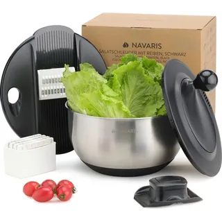 Navaris Salatschleuder mit Deckel - Salatschleuder Edelstahl - Salat Trockner - Einfaches Waschen, Trocknen und Schleudern - Inklusive Reibe- und