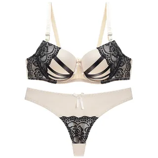 Set aus BH und Höschen in Übergröße, Damen-Push-up-BHs und bequemes Tanga-Set mit Spitze bedruckt mit Blumenmuster (Farbe: Hautton, Größe: 95 C) - 95C