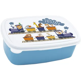 GRAZDesign Brotdose Kinder personalisiert, Blau, Tiere im Zug