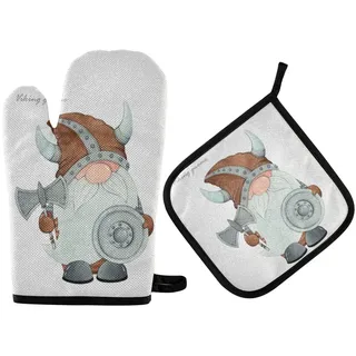 Ofenhandschuhe-Set, niedlicher Wikinger-Zwerg, Topflappen, Küchenofenhandschuh, Backhandschuhe, 2 Stück, Kochherdhandschuhe, Topflappen, Wärmekissen zum Grillen, Grillen