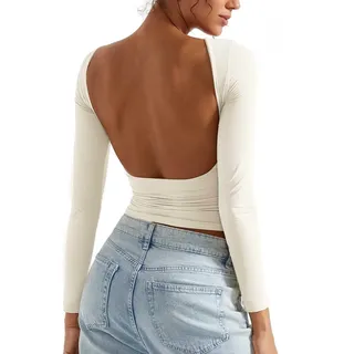 BTFONIA Rückenfreies Ausgeh-Oberteil for Damen, doppelt gefüttert, offener Rücken, Basic-Langarm(White,XS) - XS