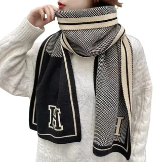 RUDDOG Schals & Tücher Für Damen Buchstabe Schwarzfarbe Passender Doppelseitiger Schal, Vielseitiger Herbst Und Winter Verdickter Warmer Gestrickter Wollschal