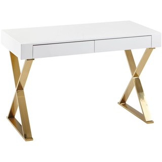 Schreibtisch 118x76x57 cm Holz Hochglanz Weiß Metallbeine Golden | Design Computertisch PC-Tisch Bürotisch Modern | Konsolentisch Schubladen