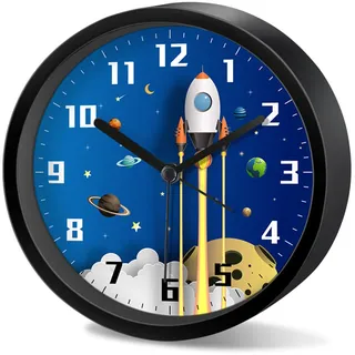 SWECOMZE Wecker Kinder Jungen, Kinderwecker Ohne Ticken, Cartoon Weltraum Astronauten Wecker Lernwecker Analog Wecker für Kinder, Mädchen, Schlafzimmer, Geburtstagsgeschenke (NZA245)