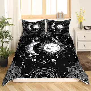 Bettwäsche 155x220 Sonne Mond Bettbezug Set 3Teilig, Böhmischer Mandala-Sternenhimmel Bettwäsche-Sets 155x220cm Mikrofaser mit 2 Kissenbezüge 80x80cm, Weiche Atmungsaktive Allergiker Bettdeckenbezug
