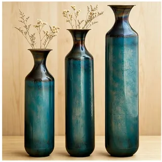 BlingBin Bodenvase 3er Set Handgefertigte Metallvase, Massivmetall Deko-Vase - 52/62/72cm (3er Set, 3 St., Groß: 14*14*72cm/Mittel: 14*14*62cm/Klein: 14*14*52cm), Handgebrannte Vintage-Optik für Wohnzimmer & Flur, Nicht Wasserdicht blau|grün