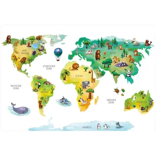 202 Wandtattoo Weltkarte mit Tieren - Kinderzimmer Wanddeko Größe 1250 x 860 mm