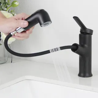 Wasserhahn Bad Schwarz, SEMANEY Waschtischarmatur mit Herausziehbarer Brause, Mischbatterie Waschbecken 2 Wasserstrahlarten, Hochdruck Einhebelmischer Waschbecken Armaturen