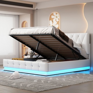 Merax Polsterbett 140x200cm mit Bettkasten und LED-Beleuchtung, hydraulisches Boxspringbett mit höhenverstellbarem Kopfteil und Lattenrost, Kunstl...