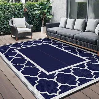 GENIMO Outdoor Teppich Wetterfest 180 x 275 cm, Balkonteppich Wasserfest für Terrasse, Gartenteppich Beidseitig Kunststoff, Aussenteppich in 5 Größen, Blau & Weiß Morocco Spalier