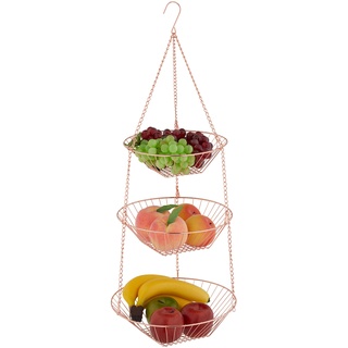 Relaxdays Obstkorb hängend, H x D: 73 x 28 cm, 3 Etagen, Stahl, runder Hängekorb für Obst & Gemüse, Obstschale, Kupfer