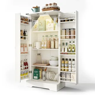 Sideboard Landhausstil 60x35x128 cm mit LED-Beleuchtung, verstellbaren Einlegeböden, X-Metallakzenten, MDF weiß Anrichte für Küche und Esszimmer