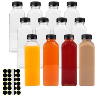 Happybase Kunststoff-Saftflaschen, 12 Stück 500 ml Saftflaschen mit Kappen, wiederverwendbare Getränkebehälter mit schwarzem Deckel, hausgemachte Getränke (1 Stift, 24 Etiketten)