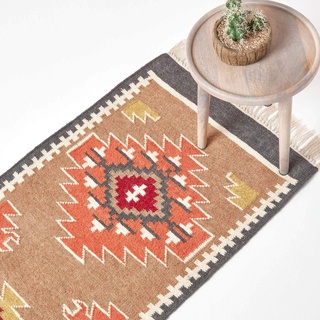 Homescapes Kelim-Teppichläufer Jaipur, handgewebt aus Wolle/Baumwolle, 66 x 200 cm, bunter Wollteppich/Baumwollteppich mit geometrischem Muster und Fransen