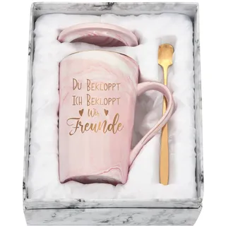 Diztoud Geschenk für Freund Weihnachten, Geschenke für Freunde, Freundin, Kollegin Tasse mit Spruch Du Ich Bekloppt Wir Freunde, 400ML Keramik Marmorbecher mit Deckel, Löffel und Geschenkbox, Rosa