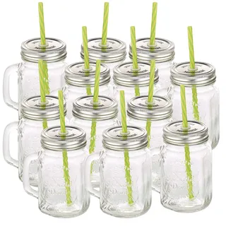 PEARL Gläser: Retro-Trinkglas mit Henkel, Deckel und Trinkhalm, 12er-Set (Gläser mit Deckel und Strohhalm, Cocktailgläser mit, Griff)