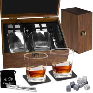 cailion Whiskyglas Geschenkset,Whisky Geschenkset für Männer,Whiskey Gläser Steine Set,Kristall Whisky Gläser Holzbox Geschenk,Geburtstagsgeschenke für Männer (Whiskey Set01)