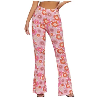 EMATOP Hose Damen Boho Strandhose Hippie Blumen Schlaghose Weites Bein Palazzo Sommerhose Elegant High Waist Bootcut Freizeithose Schön Blumen Druck Caprihose Elastische Taille Yogahose