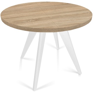 Runder Ausziehbarer Tisch für Esszimmer, FARO, Loft-Stil, Skandinavische, Durchmesser: 90 / 130 cm, Farbe: Eiche Sonoma / Weiss