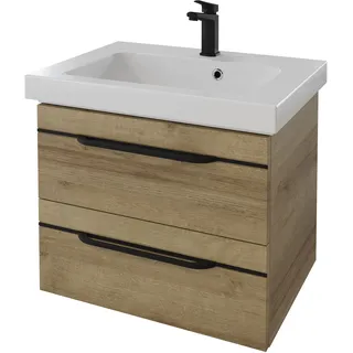 Pelipal Balto Komplett-Set Waschtischunterschrank Mineralmarmorwaschtisch 644 x 460 mm - Riviera Eiche quer Nachbildung mit schwarzer Einlage - SET-098-030