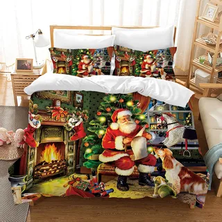 AVJWWD Weihnachten Bettwäsche Set Weihnachtsmann und Elch Schneemann Rentier Muster Bettbezug Set mit Kissenbezügen, Weihnachtsdekoration, Geschenk-Set (Alter Mann und Hund, 220 x 240 cm)