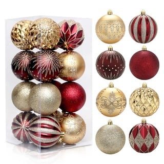 16 Stück Weihnachtskugeln, Farbe Weihnachtskugeln Aufhänger für Christbaumschmuck, 8cm Christbaumkugeln Set, Weihnachten Ornamente Weihnachtsdeko (Rot Gold)