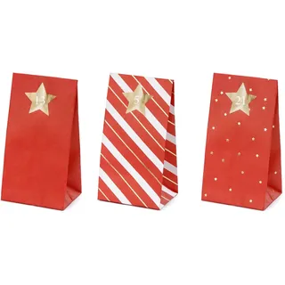 PartyDeco Adventskalender Tüten zum Befüllen 8x6,5x18cm Papier Set Rot